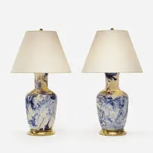 Christopher Spitzmiller, Custom table lamps, pair, c. 2010, glazed ceramic, 23K gold water gilt base, brass, vellum paper shade