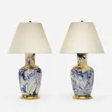 Christopher Spitzmiller, Custom table lamps, pair, c. 2010, glazed ceramic, 23K gold water gilt base, brass, vellum paper shade