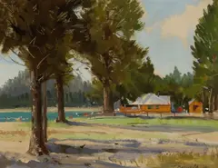 Jan Domela, A Cabin Nestled in the Woods, 1946, oil on canvas board