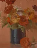 Hanson Puthuff, A Blue Vase with Orange Mums, oil on canvas on board