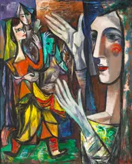 Boris Deutsch, Conversing Women, 1959, oil on masonite