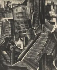 John O'Shea, Cityscape, charcoal on paper on board