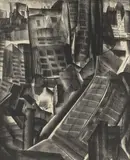 John O'Shea, Cityscape, charcoal on paper on board