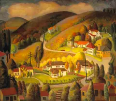 Helen Rousseau, Hillside Homes, oil on board