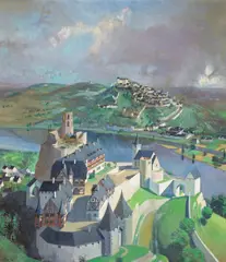 Julius Moessel, Hilltop Villages along a River, oil on canvas