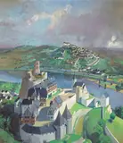 Julius Moessel, Hilltop Villages along a River, oil on canvas