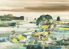 Dong Kingman, Lijiang River with Elephant Trunk Hill in the Distance, Guilin, China, watercolor on paper