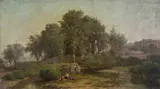 Albert Fitch Bellows, Girls Playing by a Stream on the Edge of Town, oil on canvas
