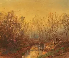 Two Figures by a Stream in the Woods by William Louis Sonntag, oil on canvas, sold Nov 2007
