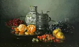Edward Chalmers Leavitt, Still life of Cherries, Grapes, Oranges, Pears, a Vase and a Stein on a Table, oil on canvas