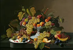 Severin Roesen, Still Life of Fruit and Wine on a Table, oil on canvs
