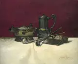 Milne Ramsey, Still Life of Pipes, an Open Book, a Metal Pitcher and a Brazier, oil on canvas