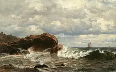 James Craig Nicoll, Rocky Coastal Landscape with a Ship in the Distance, oil on canvas