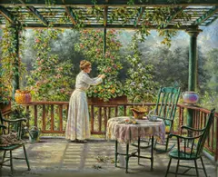 Edward Lamson Henry, The Artist's Wife Clipping Flowers, oil on canvas