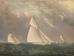 James Edward Buttersworth, Regatta with Yachts 'Mayflower' and 'Huron', oil on canvas