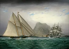 James Edward Buttersworth, A Schooner and a Barque Sailing into a Harbor, oil on canvas