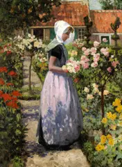 George Hitchcock, Portrait of a Dutch Woman in a Garden, oil on canvas