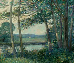 Arthur Hoeber, View of a Pond through a Stand of Trees, oil on canvas