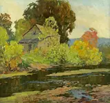 Jess Hobby, House by a Pond, oil on painter's board