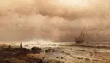 Mauritz de Haas, A Coastal View with Figures and a Ship at Sea