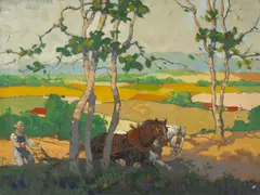 Plowing the Fields by Charles Herbert Woodbury, oil on canvas, sold Aug 2007