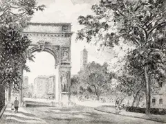Therese Darche, Washington Square Arch; A View of Wall Street; Saint Patrick's Cathedral; Manhattan Municipal Building; A View of the New York Life and Empire State Buildings (5), pen and ink on paper