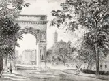 Therese Darche, Washington Square Arch; A View of Wall Street; Saint Patrick's Cathedral; Manhattan Municipal Building; A View of the New York Life and Empire State Buildings (5), pen and ink on paper