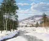 Carl Wuermer, Snow-covered Town with a Meandering Stream, oil on canvas