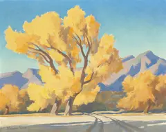 Maynard Dixon, Desert Cottonwoods, Arizona (No. 672), 1944; three Cottonwood sketches (group of 4) first 16 x 20in; second and third 4 x 6 1/4in (framed together); fourth 4 x 4 1/2in