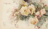 Franz Bischoff, Still Life with Pink and Yellow Roses, watercolor on paper on board