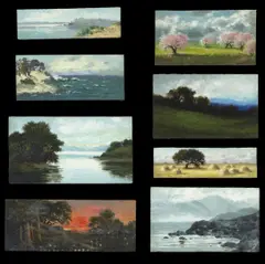 Annie Harmon, A Set of Eight Seascapes and Landscapes; A Pair of Landscapes- Sand Dunes, Summer Hills (10), first group, each oil on panel (cigar box tops); second group, each oil on canvas on board