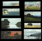 Annie Harmon, A Set of Eight Seascapes and Landscapes; A Pair of Landscapes- Sand Dunes, Summer Hills (10), first group, each oil on panel (cigar box tops); second group, each oil on canvas on board