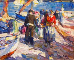 E. Charlton Fortune, Mending Nets, oil on canvas board