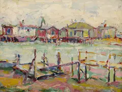 Louis Siegriest, Seattle Houseboats, 1919, oil on board