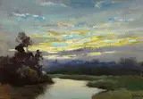 Dedrick Brandes Stuber, Sunset's Glow; Homes near a River (double-sided), oil on board