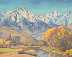 Aaron Edward Kilpatrick, Rugged Mountain Range with Meandering Autumn Stream below (No.467), 1935, oil on canvas