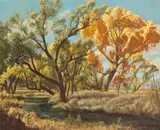 Robert Clunie, Bishop Creek, 1949; Autumn Tree near a Country Road  (a pair), oil on masonite