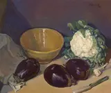 Maurice Del Mue, A Still Life with Eggplants, Cauliflower, Garlic and a Yellow Bowl