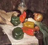 Maurice Logan, Still Life with Bell Peppers, Onions, and Eggplants (No.89), oil on canvas
