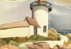 Edna Hibel, Lighthouse; Man standing by a Car (2), first signed 'Edna Hibel' (lower right); second signed 'Edna Hibel' (lower left)