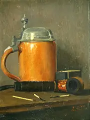 L. Weems, Still life of a Stein, Matches and a Pipe, oil on card