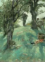 Walter Shirlaw, Gathering Apples, oil on board