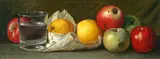Peter Baumgras, Still Life of Apples, Pears, and a Glass of Water, oil on canvas