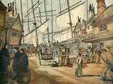 Anderson Tyler, South Street Seaport, watercolor and pencil on card