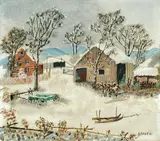 Grandma Moses, The Old Barn in Winter, oil on masonite