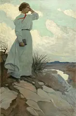 N. C. Wyeth, Louise Loved to Climb to the Summit on one of the Barren Hills Flanking the River and Stand there while the Wind Blew, oil on canvas