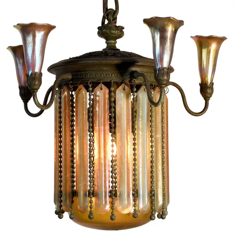 Quezal, Glass and Bronze Hanging Light Fixture, hung with numerous beaded and iridescent glass drops