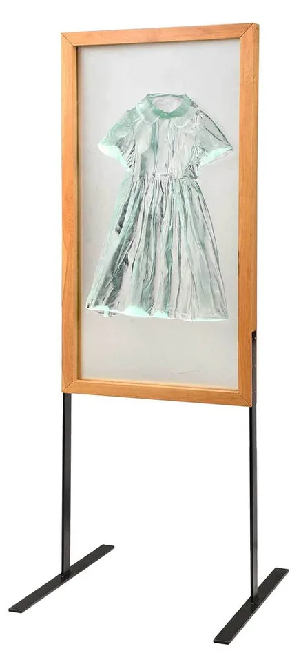 Karen LaMonte, Untitled, 2002, kiln cast glass in relief with wood frame and metal stand