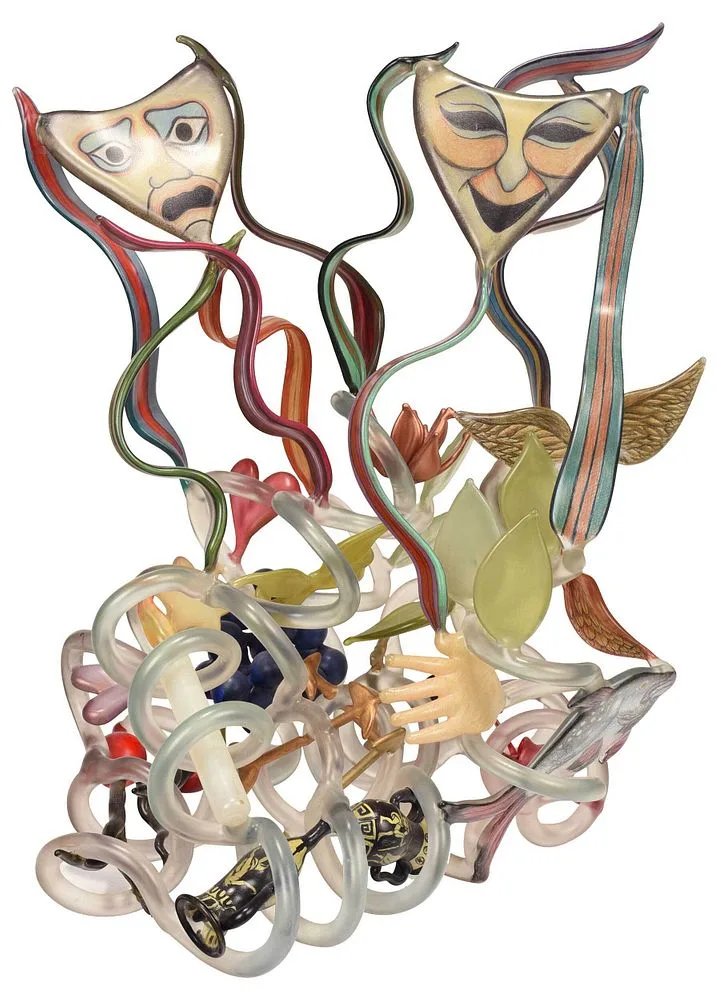 Ginny Ruffner, Untitled, 1989-90, glass and prismacolor pencil sculpture with tragedy and comedy masks intertwined with flowers