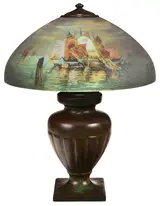 Handel, Reverse Painted and Patinated Bronze Lamp